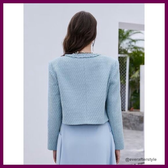 Tweed Cropped Blazer Collarless Elegant Chic Casual Cardigan Jacket - Picture 3 of 8